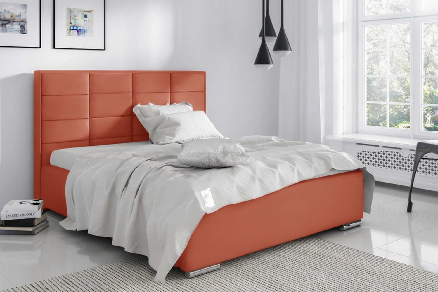 99rooms Zelmira Polsterbett Velours MONOLITH Korallenrot 180x200 cm ohne Bettkasten Bild 1