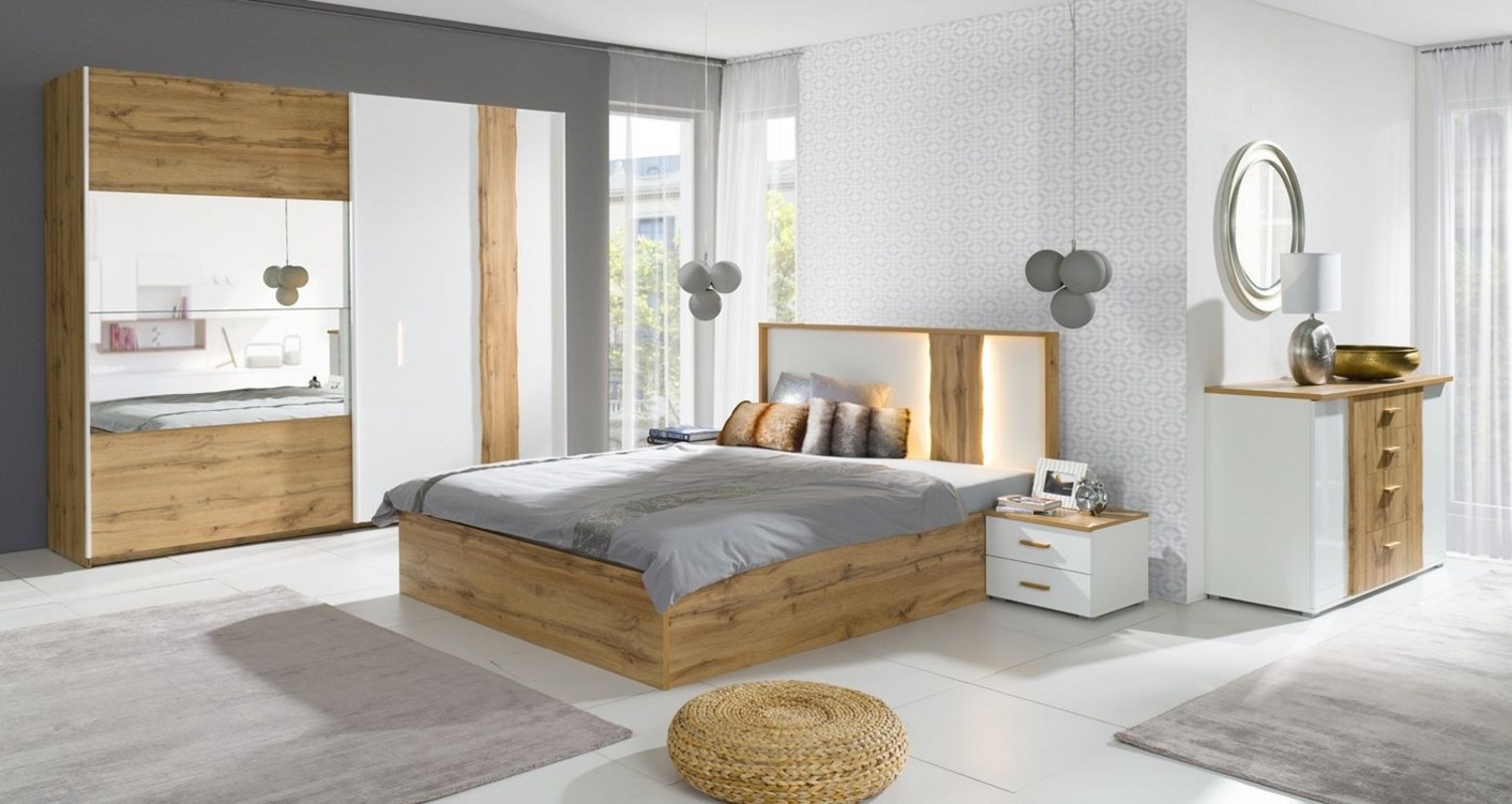 Lukas Möbel Komplettschlafzimmer Schlafzimmer Komplett Forest Hochglanz weiß Eiche Wotan 5-teilig, hochglanz, mit Spiegel, mit Bettkasten Bild 1