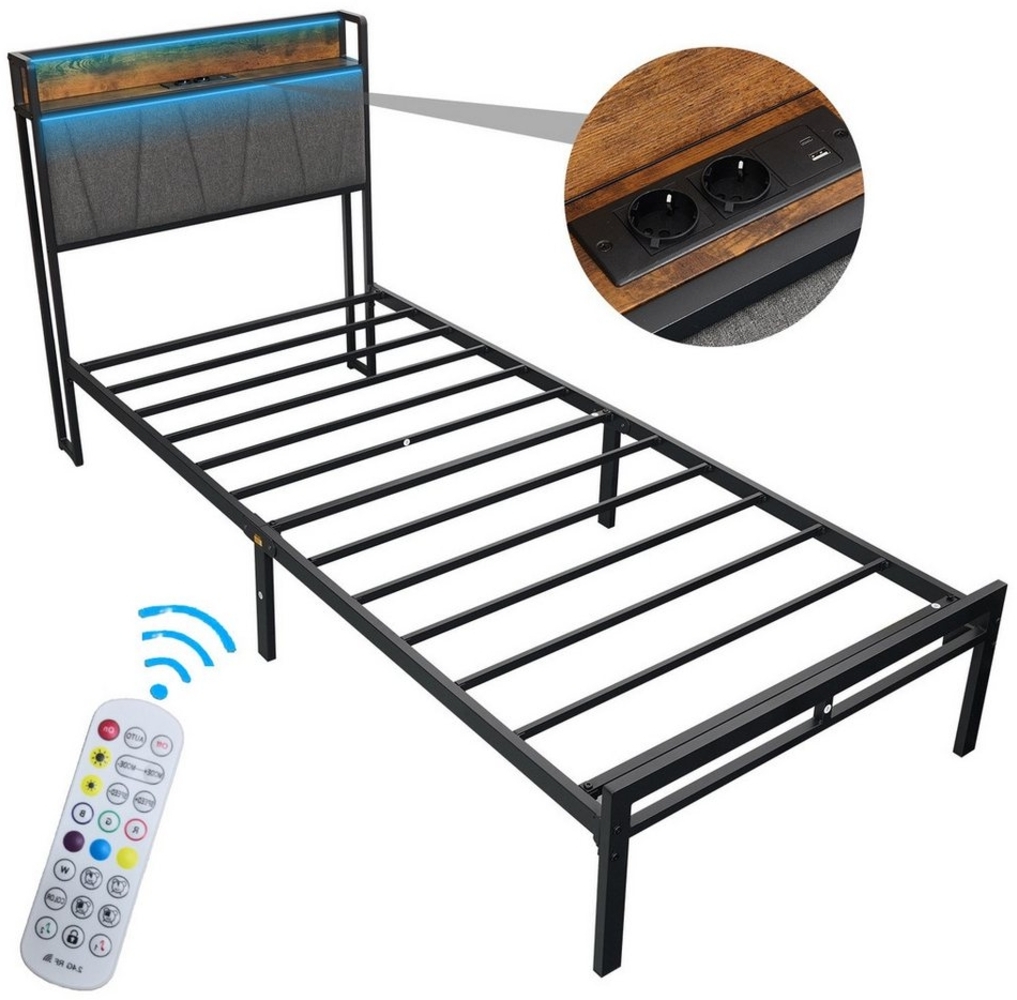 DOPWii Bettgestell Bettgestell,90x200/140x200cm,Einzel-/Doppelbett,Jugendbett,betten, Metallbett mit Polsterkopfteil,LED,Steckdose Anschlüssen,USB & Typ-C Bild 1