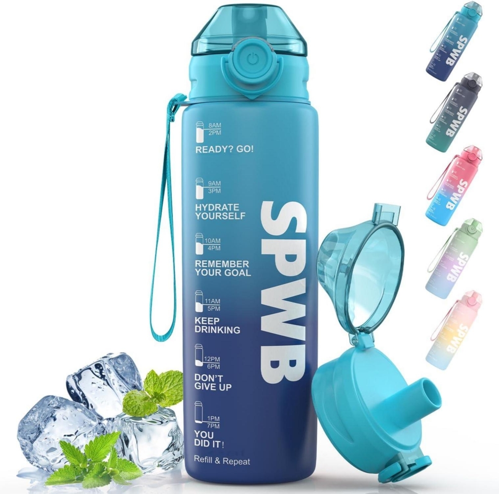 SPWB Trinkflasche 1L Sportflasche BPA-frei Auslaufsicher Zeitmarkierung Blau Bild 1