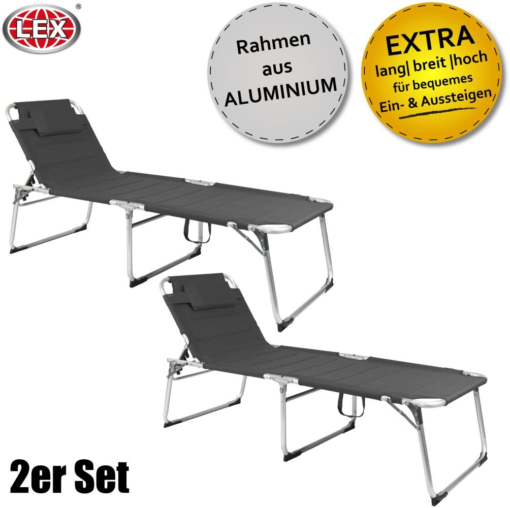 2er-Set XXL 2 m Aluminium Gartenliege Sonnenliege gepolstert Kopfkissen klappbar Anthrazit Bild 1