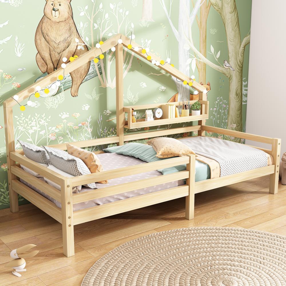 Merax Hausbett Kinderbett mit Ablageregal Kaminform 90x200cm, Natur Bild 1