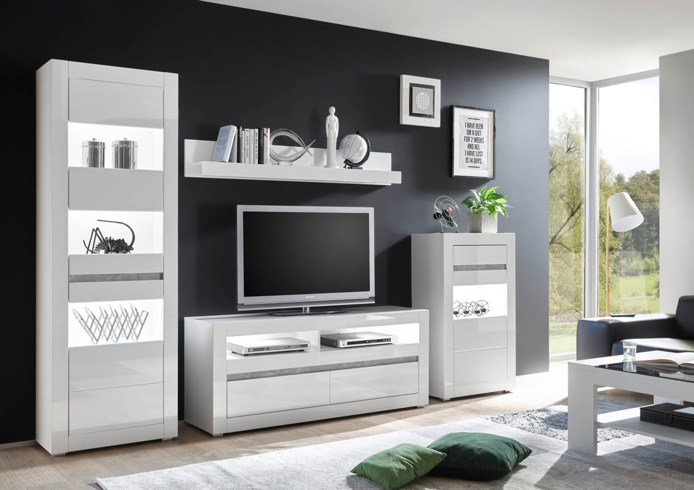 Wohnwand Anbauwand Carat 282cm LED weiß Hochglanz beton grifflos MDF Bild 1