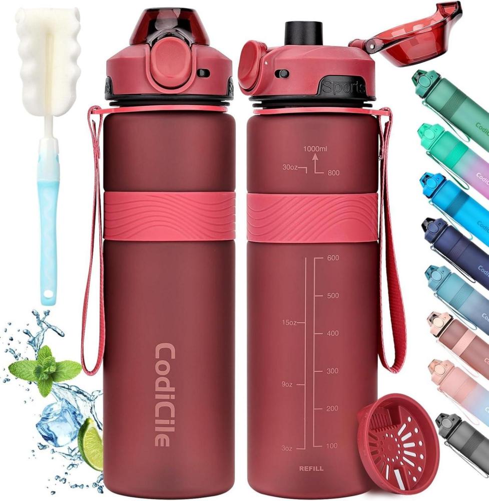 Trinkflasche 1L BPA-frei Sport Wasserflasche Auslaufsicher Rot Bild 1