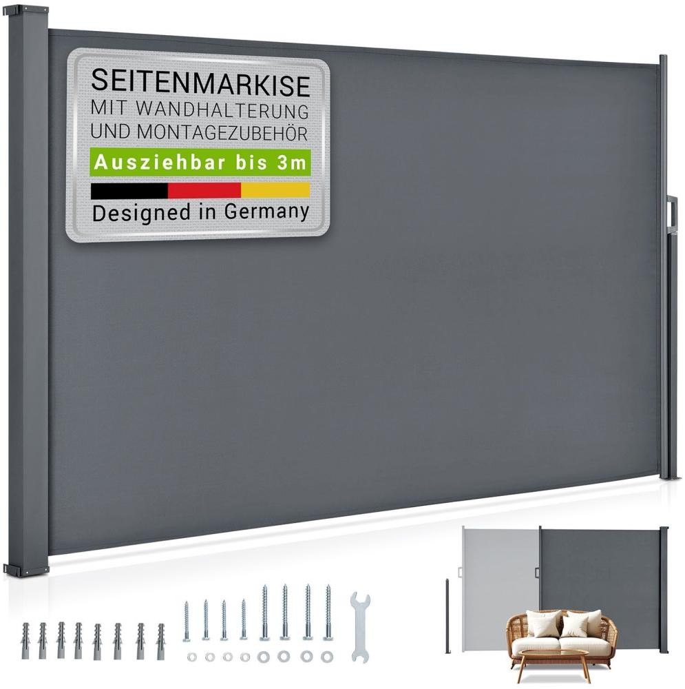 Juskys Seitenmarkise Dubai 300 x 160 cm ausziehbar blickdicht, Sichtschutz für Balkon & Terrasse, Seitenrollo Wandhalterung – anthrazit Bild 1