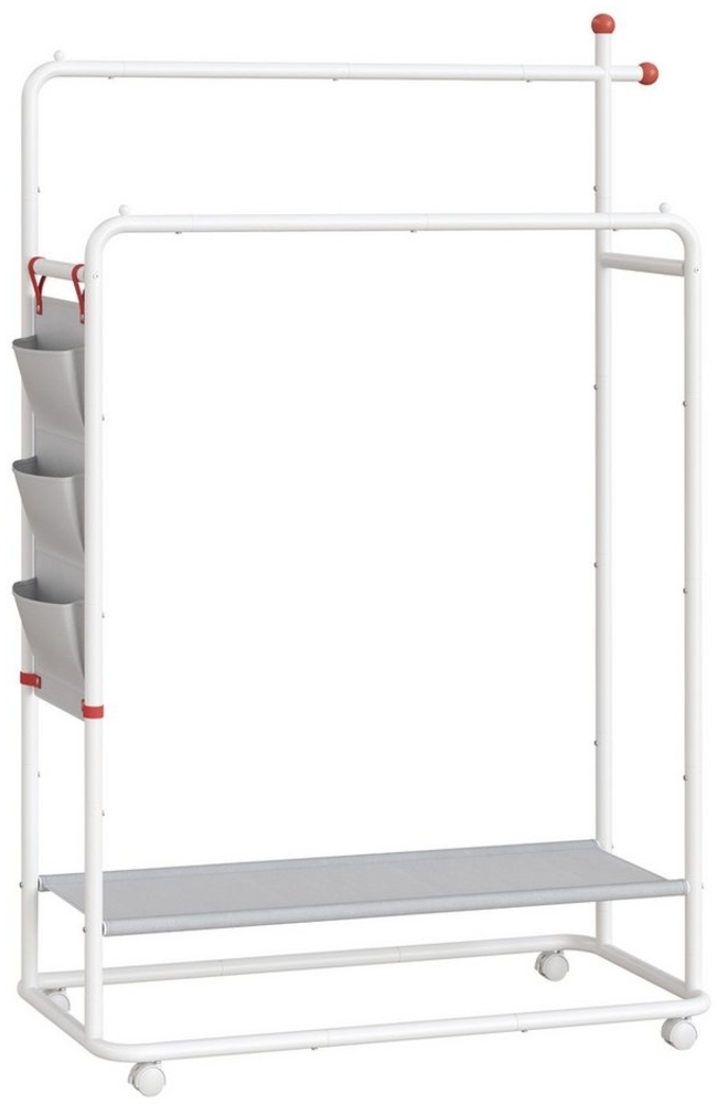 SONGMICS HOME Kleiderständer auf Rollen, Garderobenständer, 2 Kleiderstangen, Ablagefläche, seitlicher Organizer, Haken in Streichholz-Form, stabil, Schlafzimmer, Flur, mattweiß Bild 1