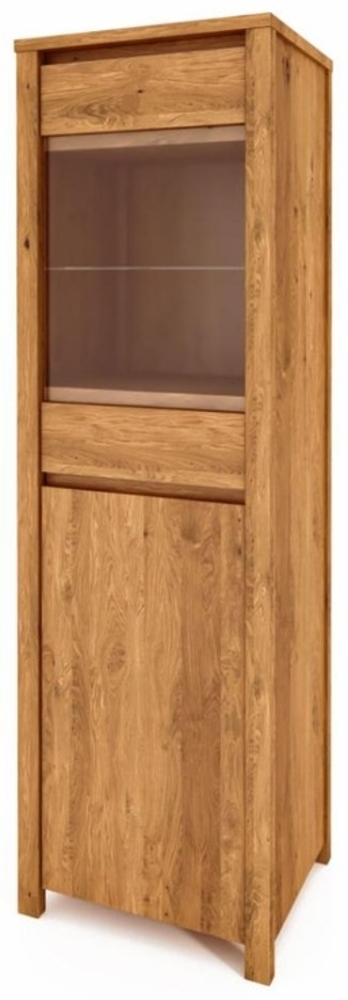 Vitrine Tinci aus Wildeiche massiv 55x45x180 mit 1 Glastür 1 Tür und Holzbeinen Bild 1