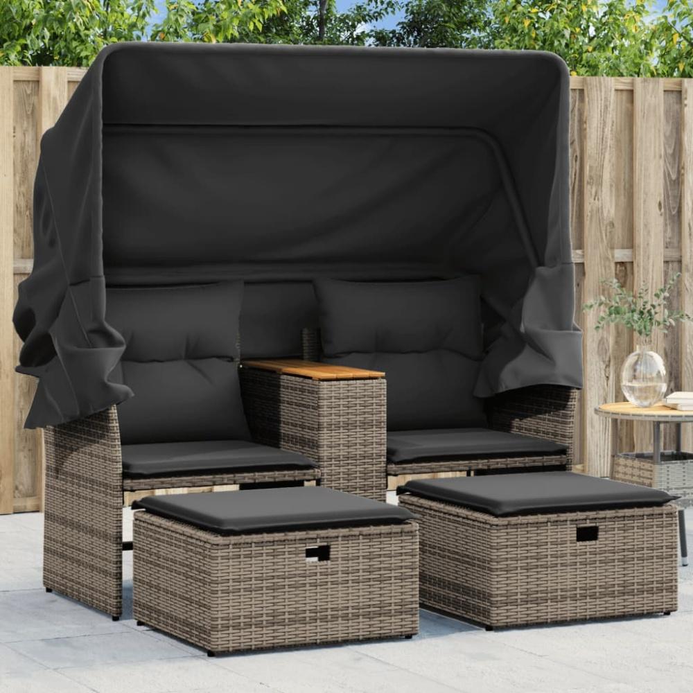 vidaXL Gartensofa 2-Sitzer mit Dach und Hockern Grau Poly Rattan Bild 1