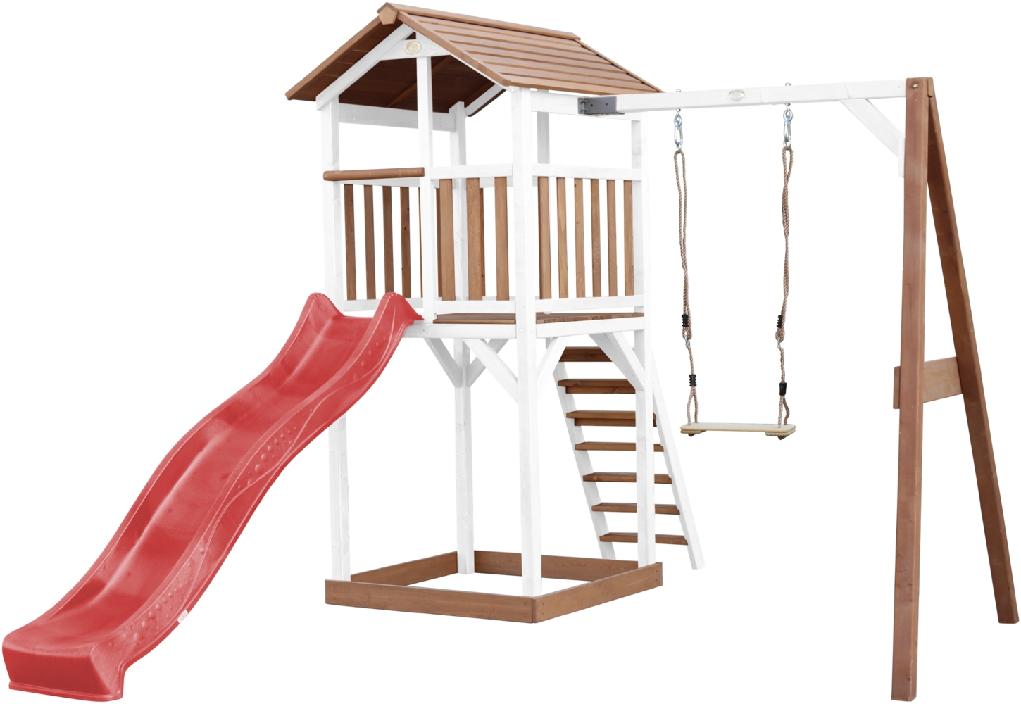 AXI Beach Tower Spielturm aus Holz in Braun & Weiß Spielhaus für Kinder mit roter Rutsche, Schaukel und Sandkasten | Braun, weiß, rot | Holz | 349 cm Bild 1