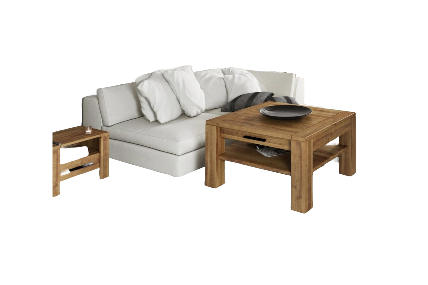 Couchtisch Lubic aus Wildeiche massiv 70x70x53 cm mit 1 Schublade und Holzbeinen Bild 1