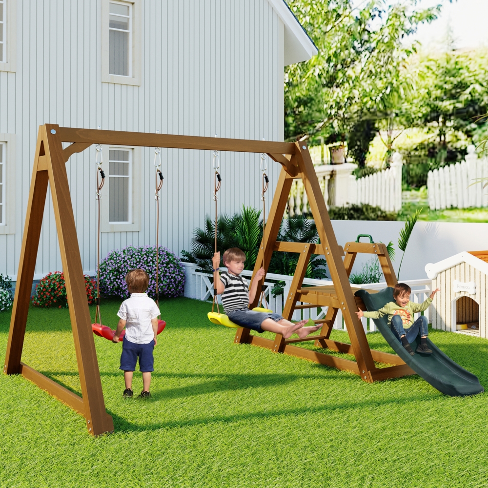 LVHOM 3-in-1-Schaukelset, Doppelschaukel mit Klettergerüst & Rutsche, Schaukelgerüst Doppelschaukel, Gartenschaukel mit Holzgestell, Schaukelgestell Bild 1
