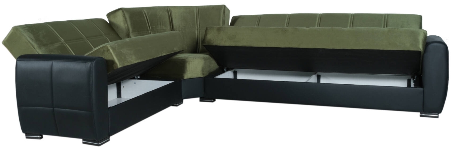 Dmora Gaillardia Schlafsofa mit Halbinsel, Ecksofa mit Container aus Ökoleder und Stoff, Sofa mit Klick-Klack-Öffnung, 305 x 238 x 91 cm, Schwarz und Grün Bild 1