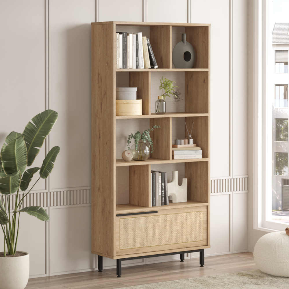 Bücherregal Kvænangen 176x84x30 cm Eichenoptik/Rattanoptik [en. casa] Bild 1