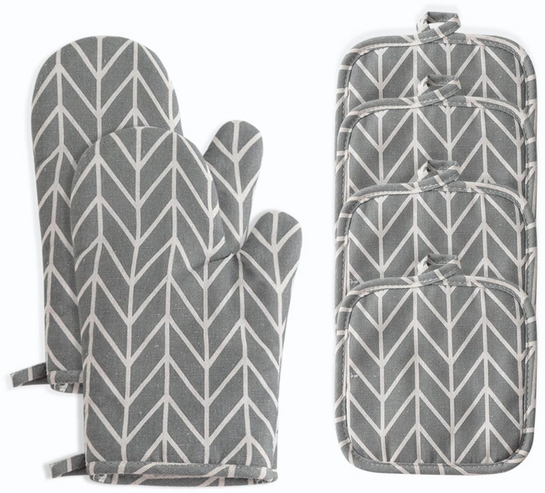 NUODWELL Topflappen 1 Paar Ofenhandschuhe mit 4 Stück Topflappen,Handschuhe Hitzebeständig, Waschbare Backofenhandschuhe bis 300°C zum Kochen,Grillen,Backen, Grau Bild 1