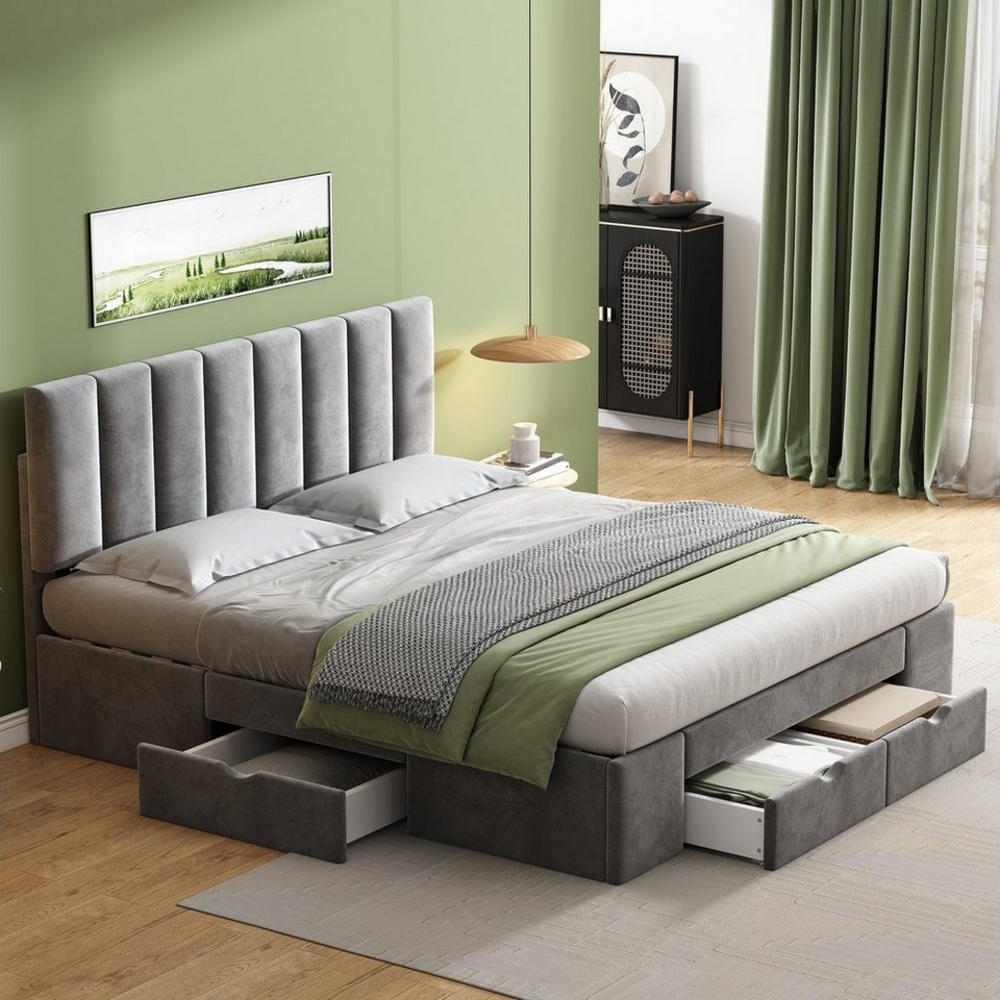 Flieks Polsterbett, Doppelbett Holzbett mit 4 Schubladen Samt 160x200cm Bild 1