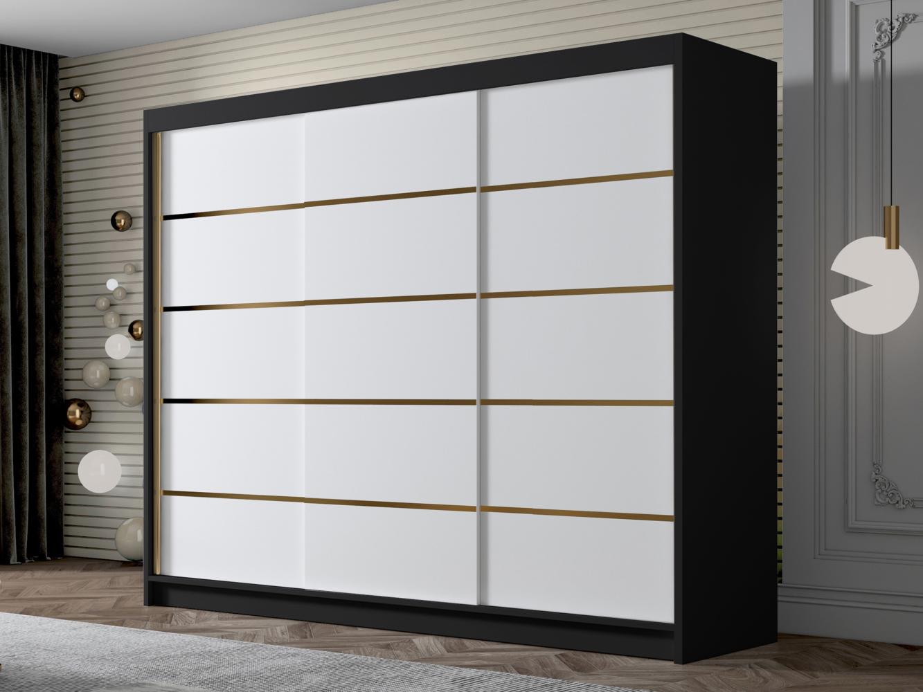 Kleiderschrank mit Goldverzierung Aramao VII mit drei Schwebetüren (Farbe: Schwarz / Weiß) Bild 1