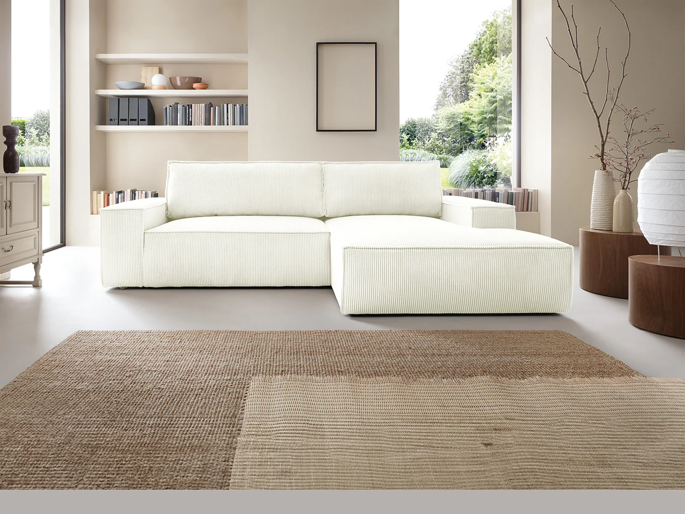 Vente-unique - Ecksofa mit Schlaffunktion - Ecke rechts - Cord - Weiß - AMELIA Bild 1