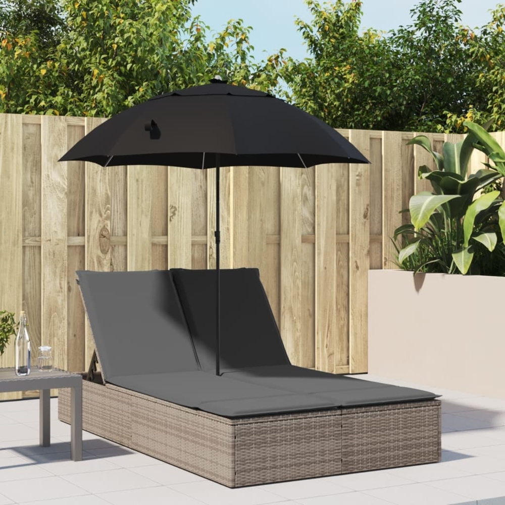 vidaXL Doppel-Sonnenliege mit Kissen & Sonnenschirm Grau Poly Rattan 368083 Bild 1