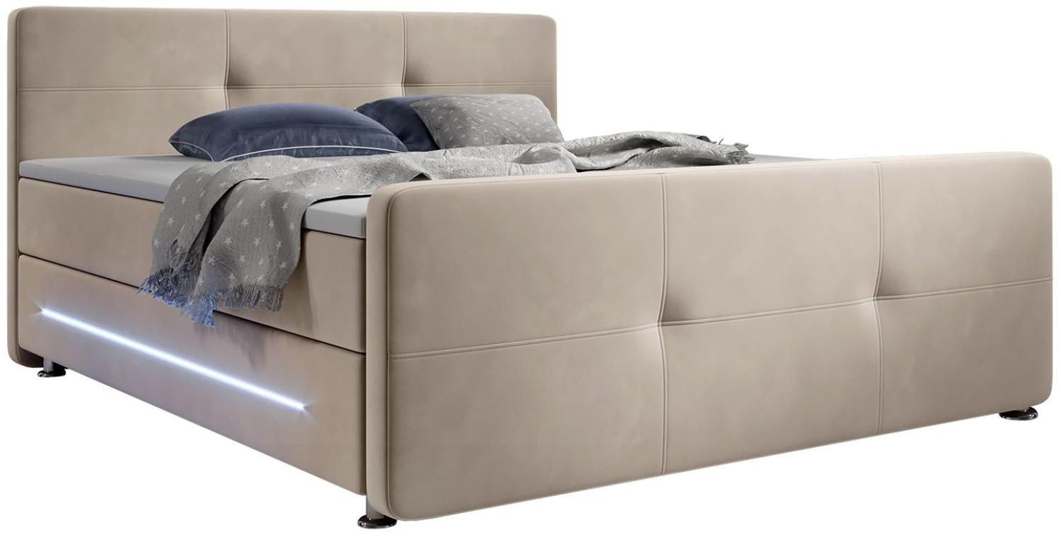 Juskys Boxspringbett Houston 180x200 cm – Doppelbett mit LED-Beleuchtung, Topper & Bonell-Federkern-Matratzen – Bett Polsterbett Beige mit Stoff Bild 1