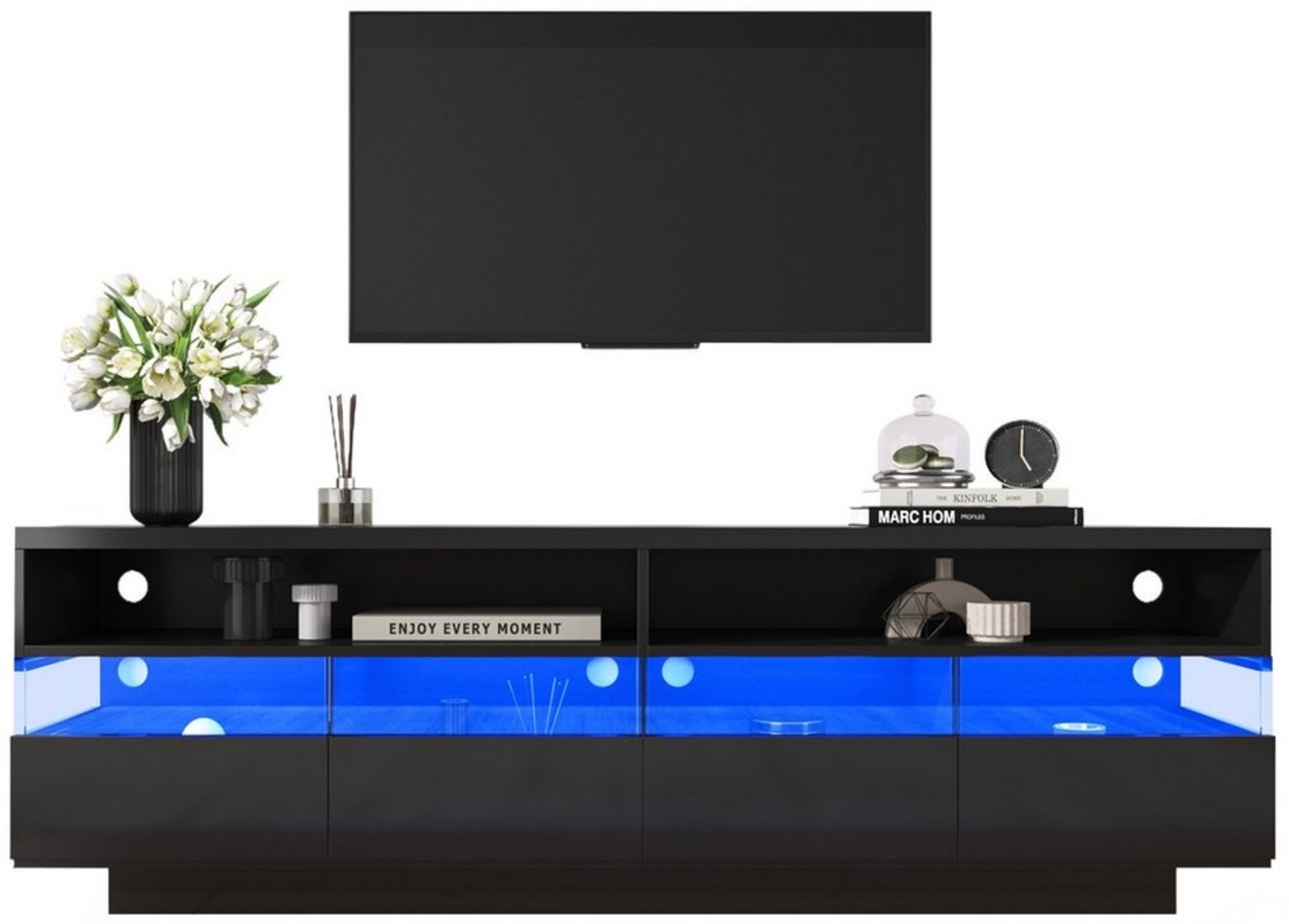 MODFU Lowboard TV-Schrank mit Nischen und Schubladen (Breite: 173,5cm), TV-Ständer hochglanz mit LED Bild 1