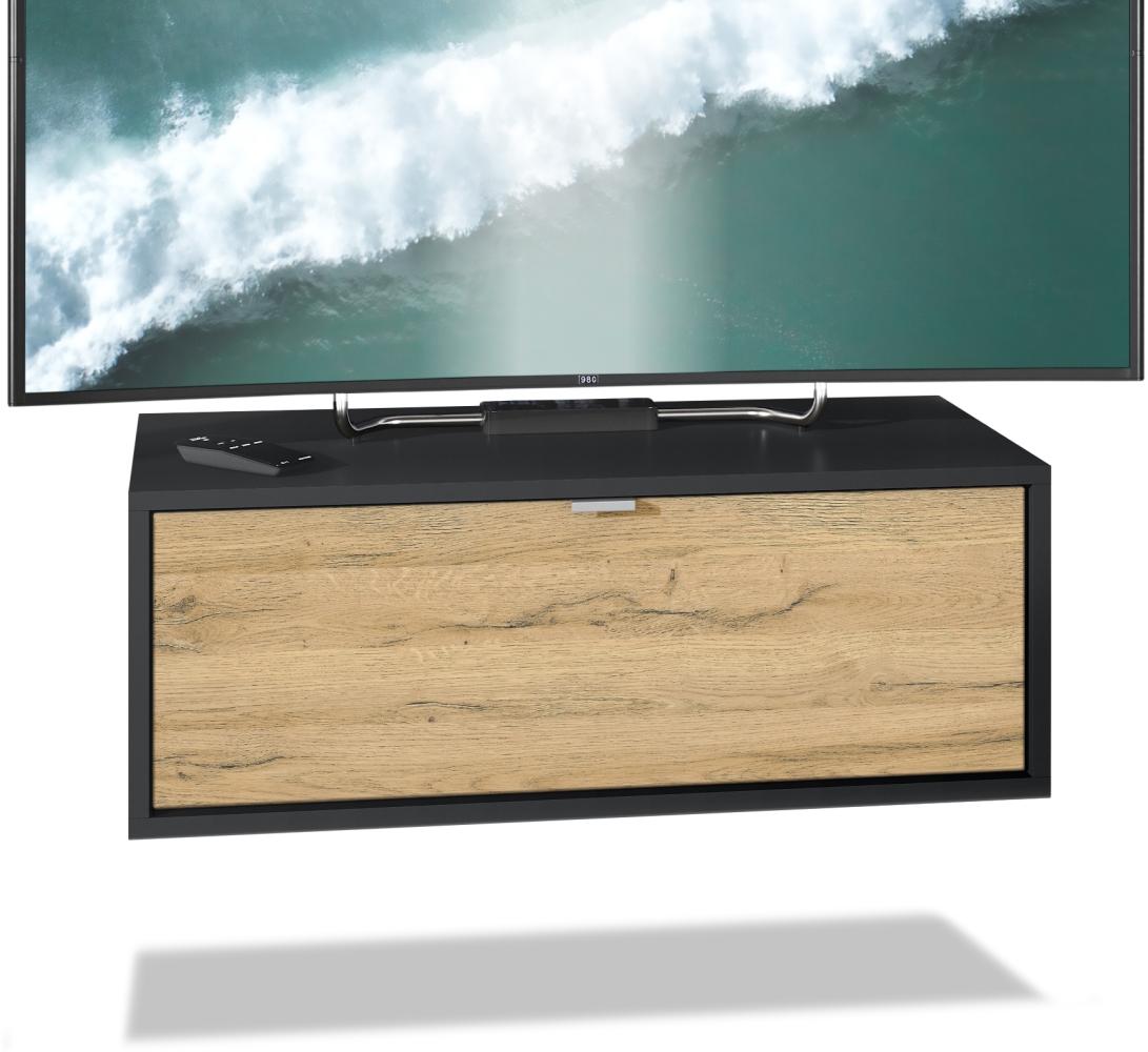 TV Board Lana 80 Hängeschrank Lowboard 80 x 29 x 37 cm, Korpus in Schwarz Matt, Fronten in Eiche Natur Bild 1