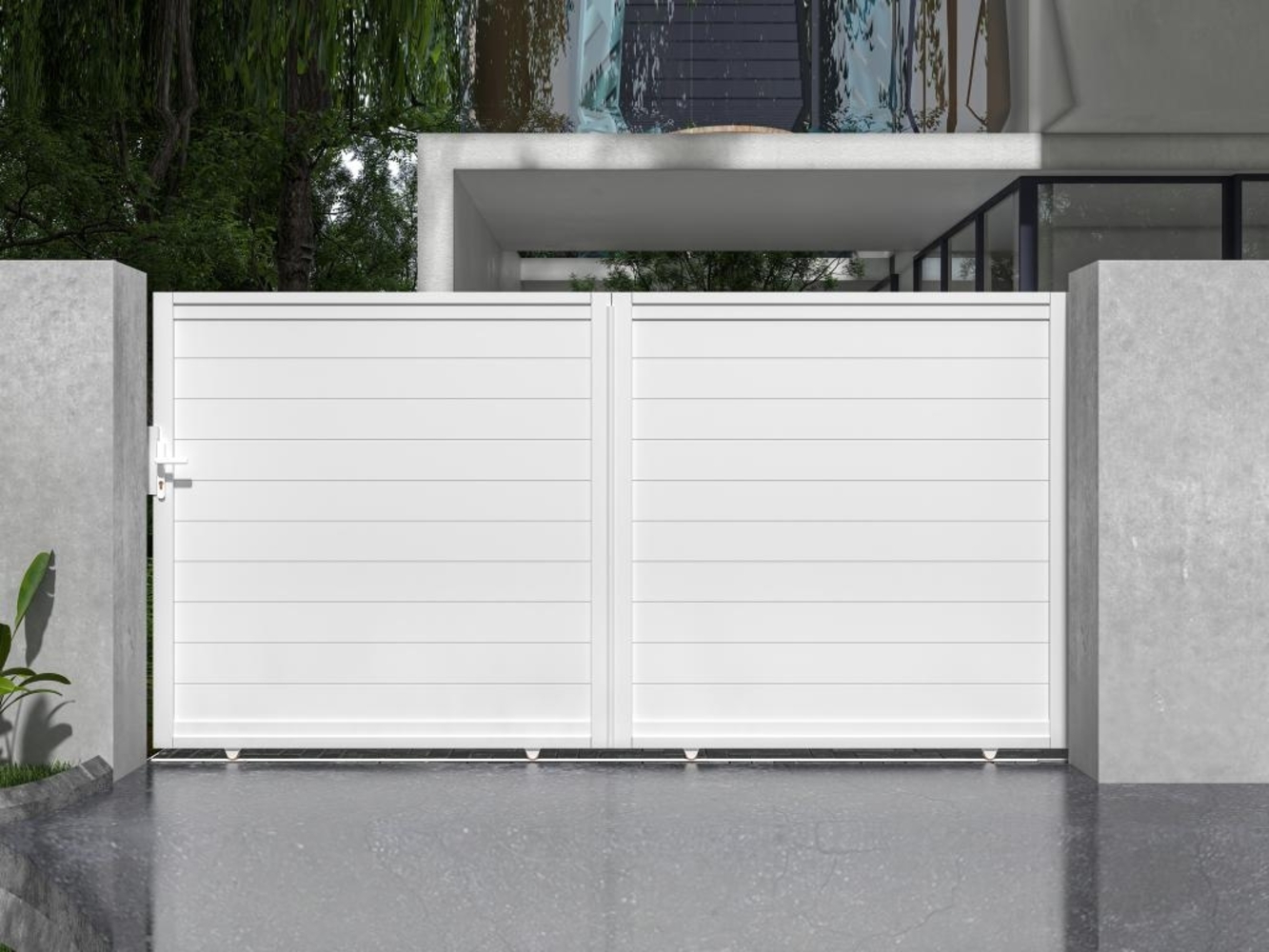 Vente-unique - Gartentor Schiebetor mit Torantrieb - 374 x 180 cm - Aluminium - Weiß - NAZARIO Bild 1