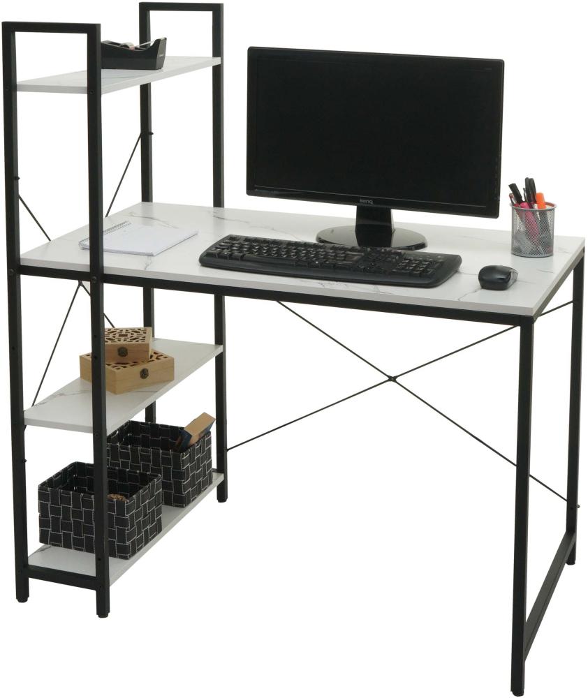 Schreibtisch mit Regal HWC-K81, Laptoptisch Bürotisch Arbeitstisch, 100x60cm Metall MDF ~ Marmor-Optik weiß Bild 1