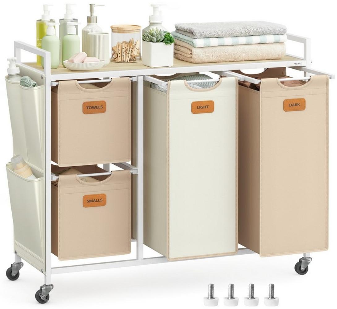 VASAGLE Wäschekorb 4 Fächer, Wäschesammler 150 L, Wäschesortierer, Rollen, Wäschewagen mit Ablage, Wäschesack, kleine seitliche Taschen, 6 Etiketten, naturbeige-kamelbraun-cremeweiß Bild 1