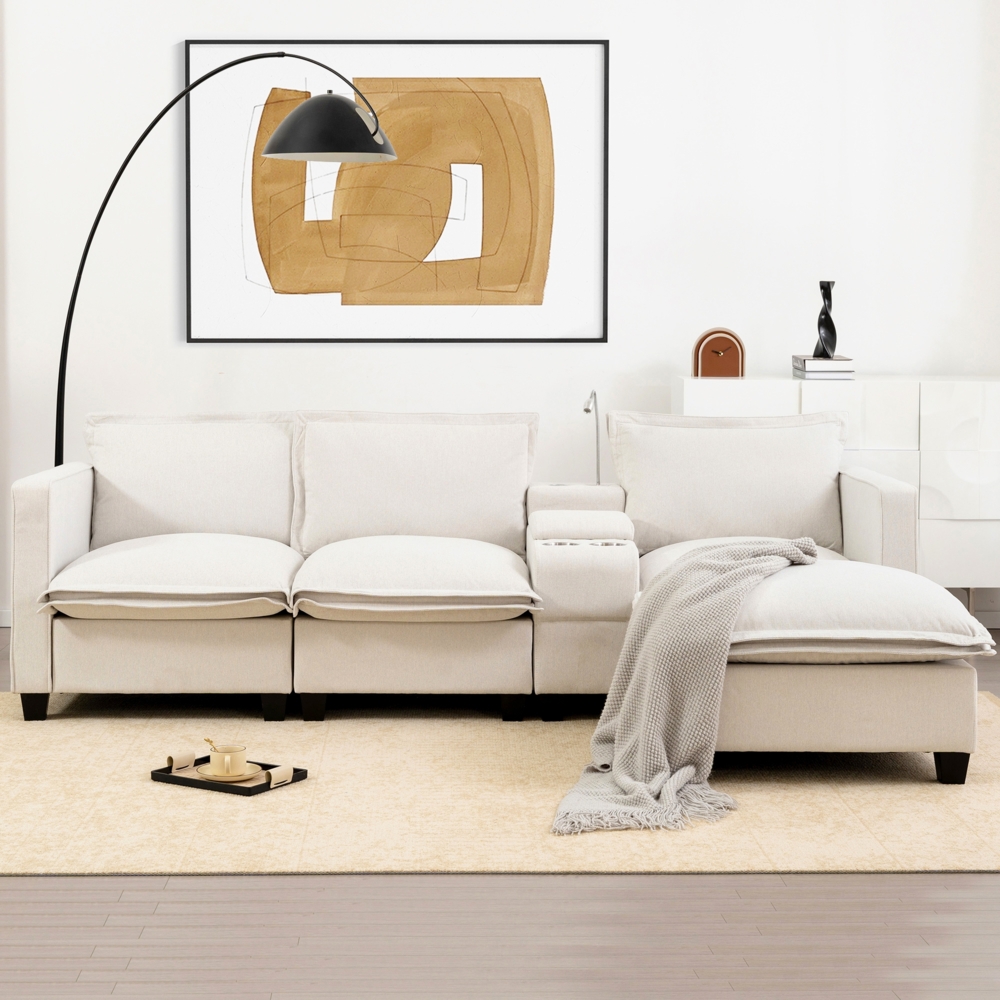 Merax 3-Sitzer-Sofa mit Stauraum, USB-Ladeanschluss, Leselampe, Getränkehalter, aus Chenille mit hocker, Beige Bild 1