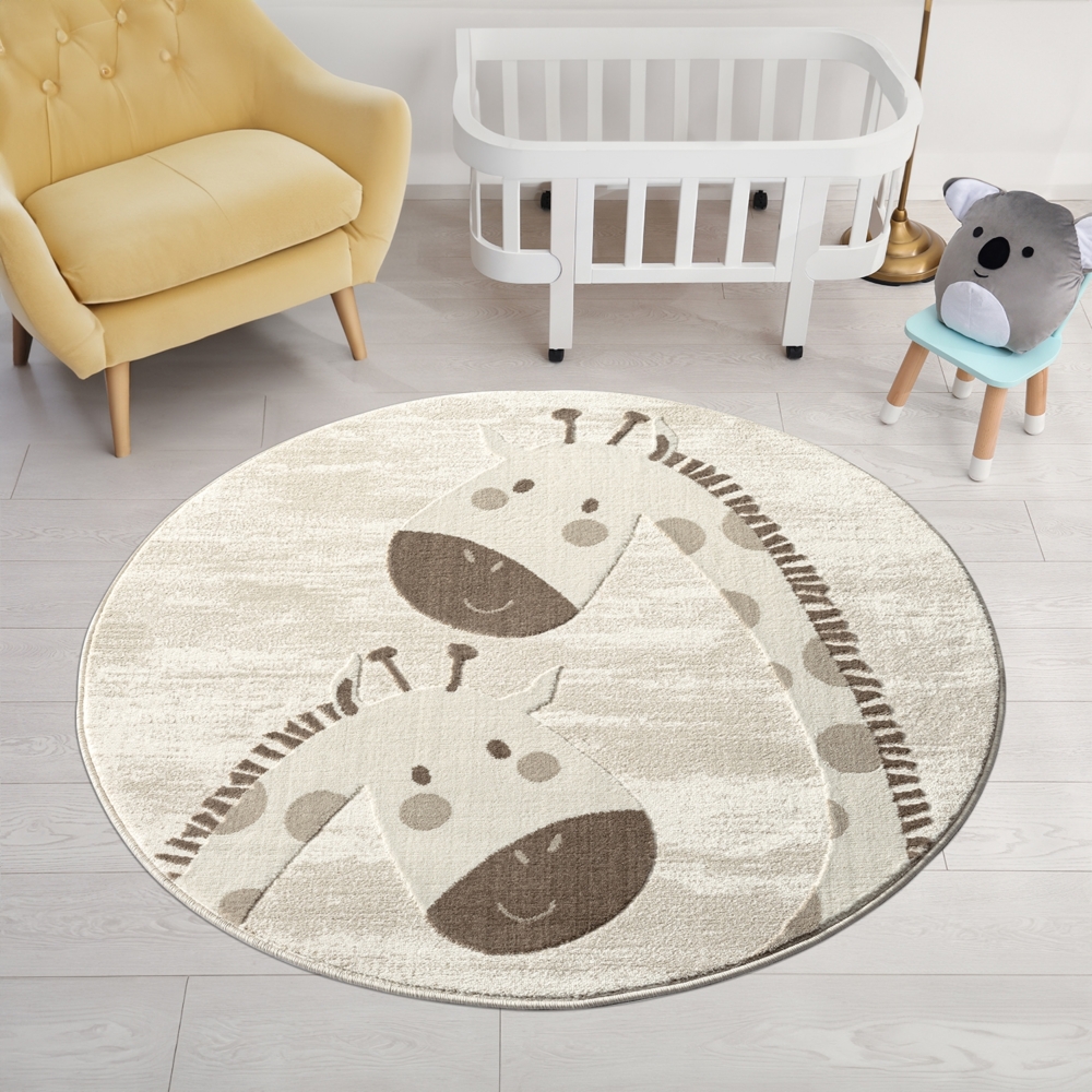 Teppich Kinderzimmer Rund - 120x120cm - Pastell Beige Creme - Kurzflor Spielteppich mit niedlichen Giraffen Motiv Bild 1