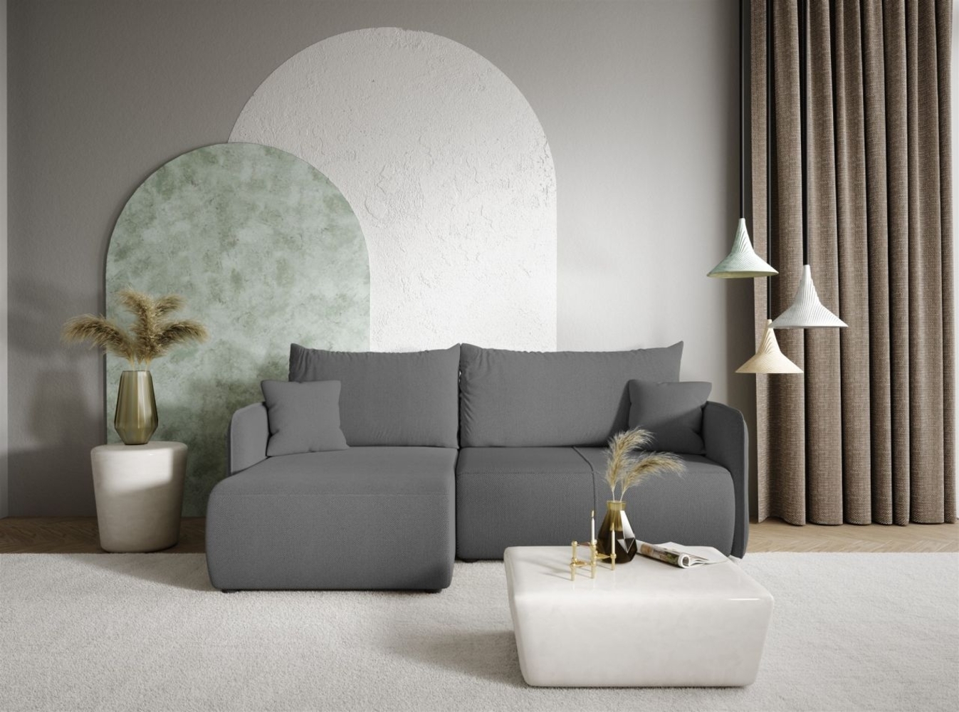 Ecksofa Sofa mit Schlaffunktion CALGARY Stoff Curio Dunkelgrau Ottomane Links Bild 1