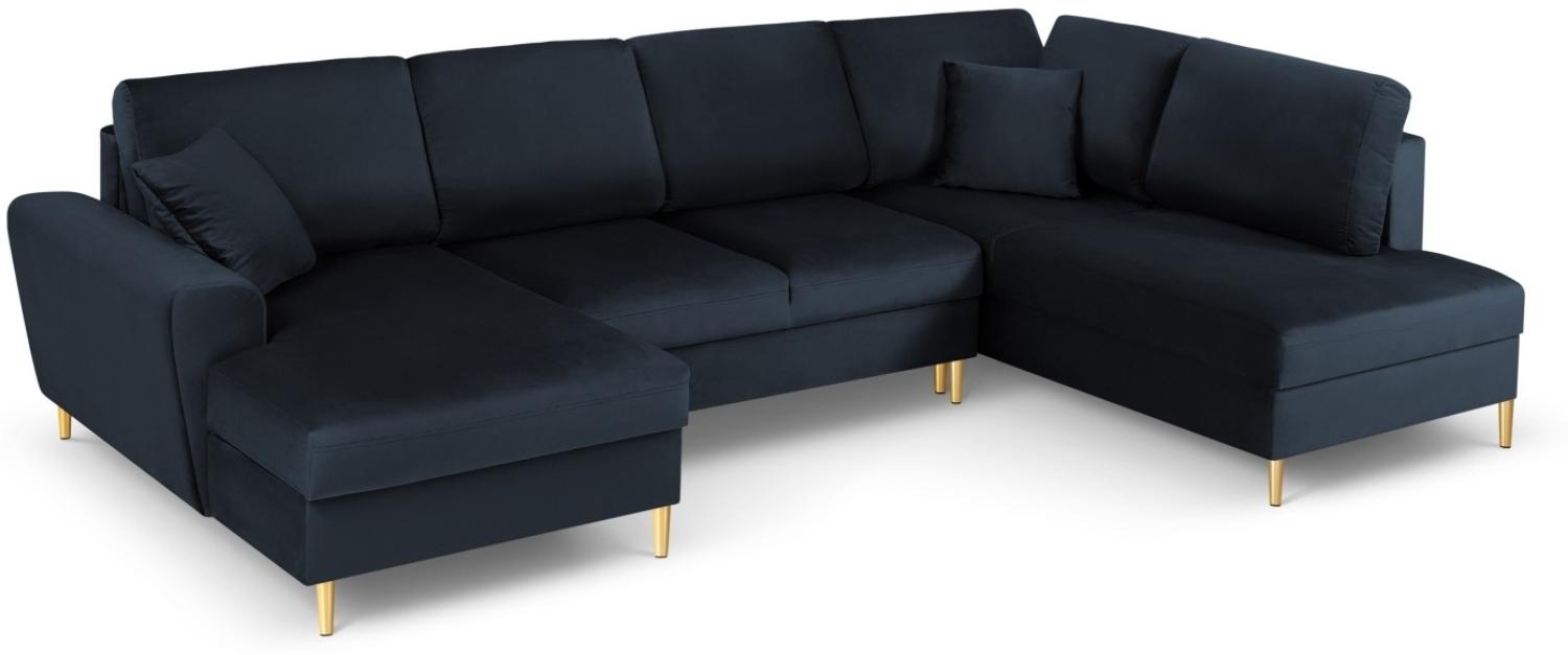 Micadoni 7-Sitzer Samtstoff Panorama Sofa Rechts mit Box und Schlaffunktion Moghan | Bezug Dark Blue | Beinfarbe Gold Me... Bild 1