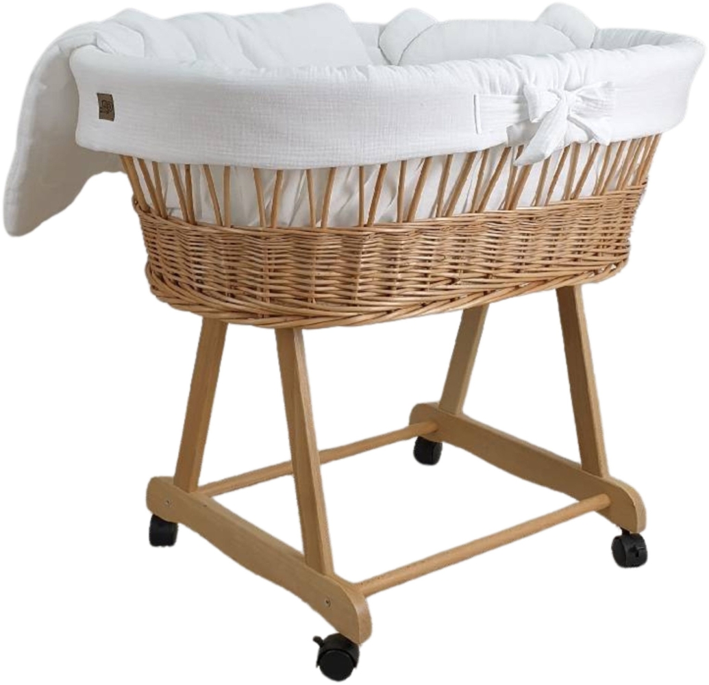 Stubenwagen mit Rollen Komplett Set Natur, Musselin Weiß - ohne Baldachin Bild 1