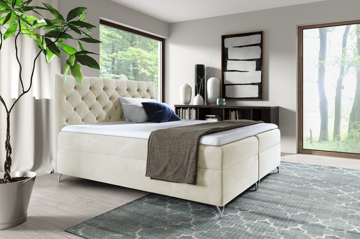 MEBLINI Boxspringbett GIULIA 140x200 cm mit Bettkasten – H4/Creme Samt Polsterbett - Doppelbett mit Topper & Taschenfederkern-Matratze Bild 1