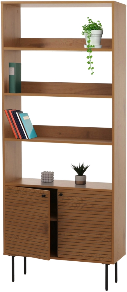 Bücherregal HWC-N78, Bücherschrank Hochschrank, skandinavischer Stil Metall Holz Melamin MVG 200x80x30cm ~ natur Bild 1