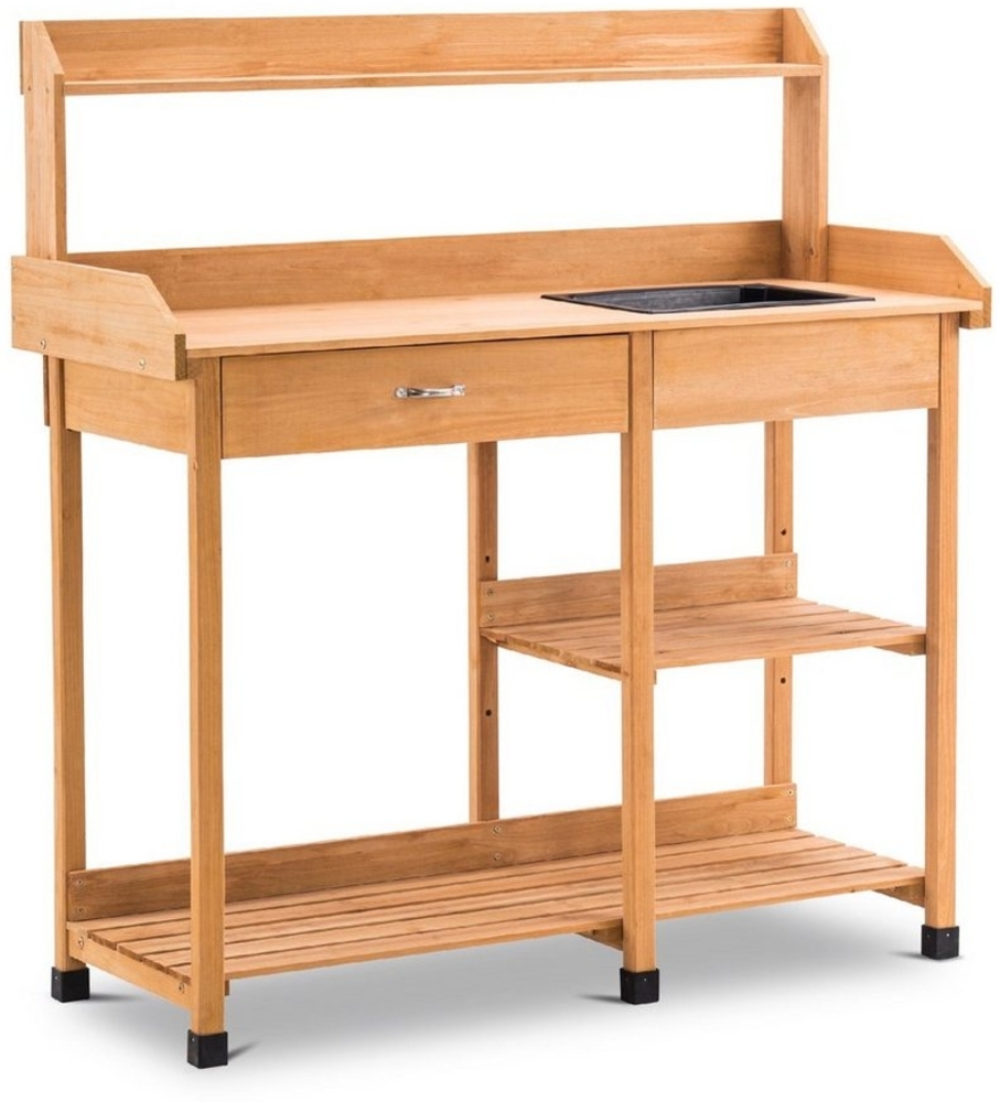 MCombo Pflanztisch Gärtnertisch Blumentisch 0458, mit Waschbecken Schublade und Ablagefläche Wetterfest, Holz, Natur, 115 x 45 x 121 cm Bild 1