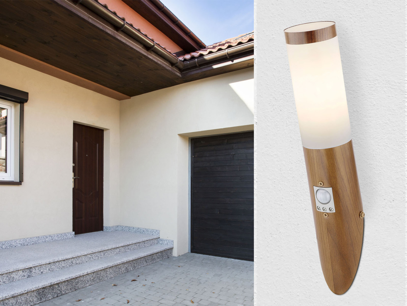 LED Außenwandleuchte in Holzoptik mit Bewegungsmelder, Höhe 40,5cm Bild 1