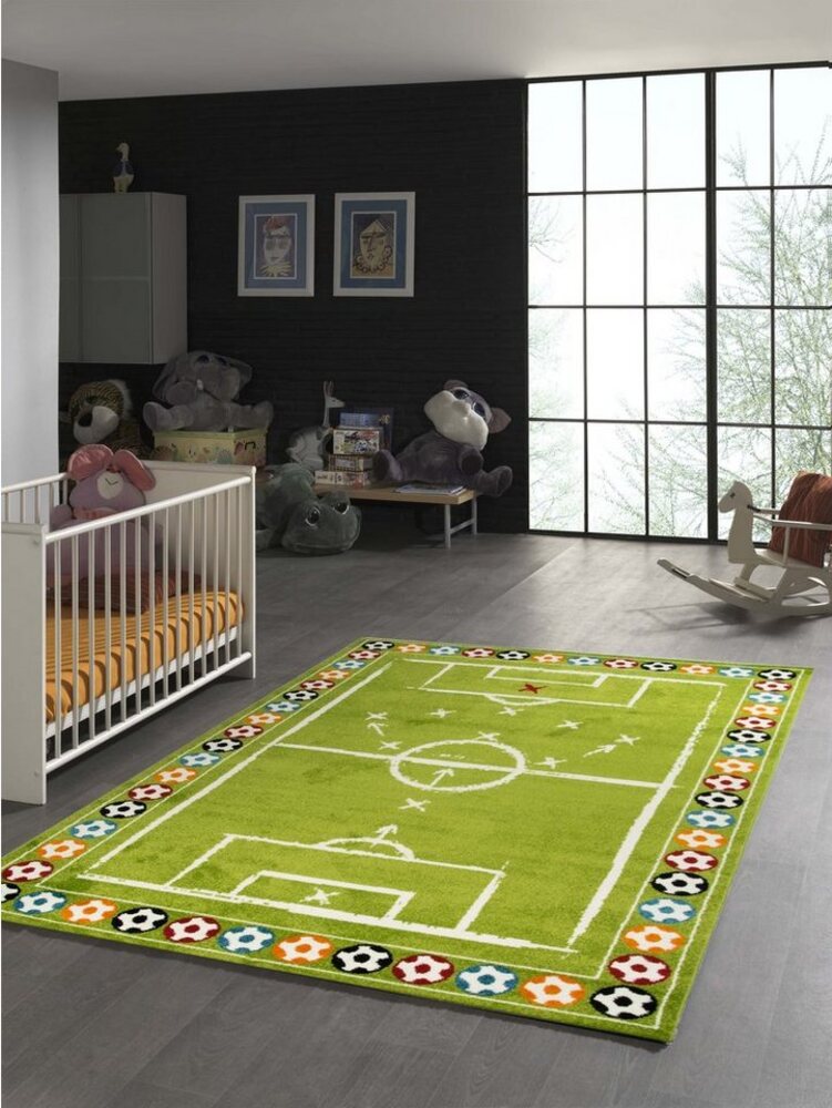 TeppichHome24 Kinderteppich Kinderteppich Teppich Fußball in Grün, rechteckig, Höhe: 0.9 mm Bild 1