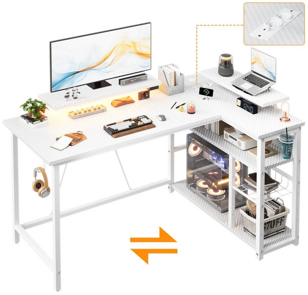 Furnicopia Eckschreibtisch L-förmiger Gaming-Schreibtisch mit Stauraum, Steckdosen und LED (120/140 cm großer Schreibtisch mit zwei Monitorhalterungen, zwei Ablagen, einer verstellbaren Ablage, einem Becherhalter und einem Kopfhörerhalter) Bild 1