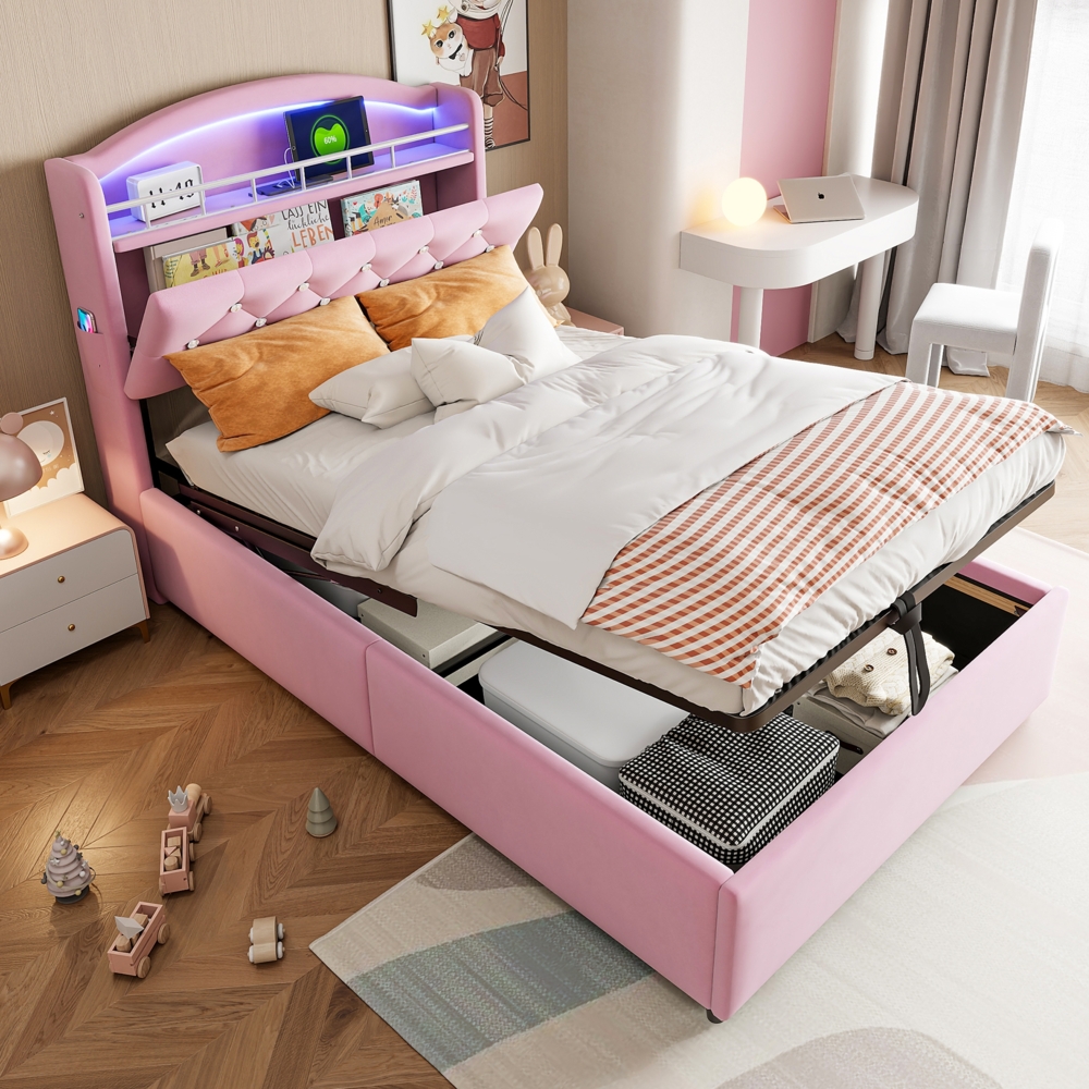 Merax Kinder Polsterbett 90x200, Samt Einzelbett Multifunktionsbett mit Stauraum mit LED und USB Rosa Bild 1