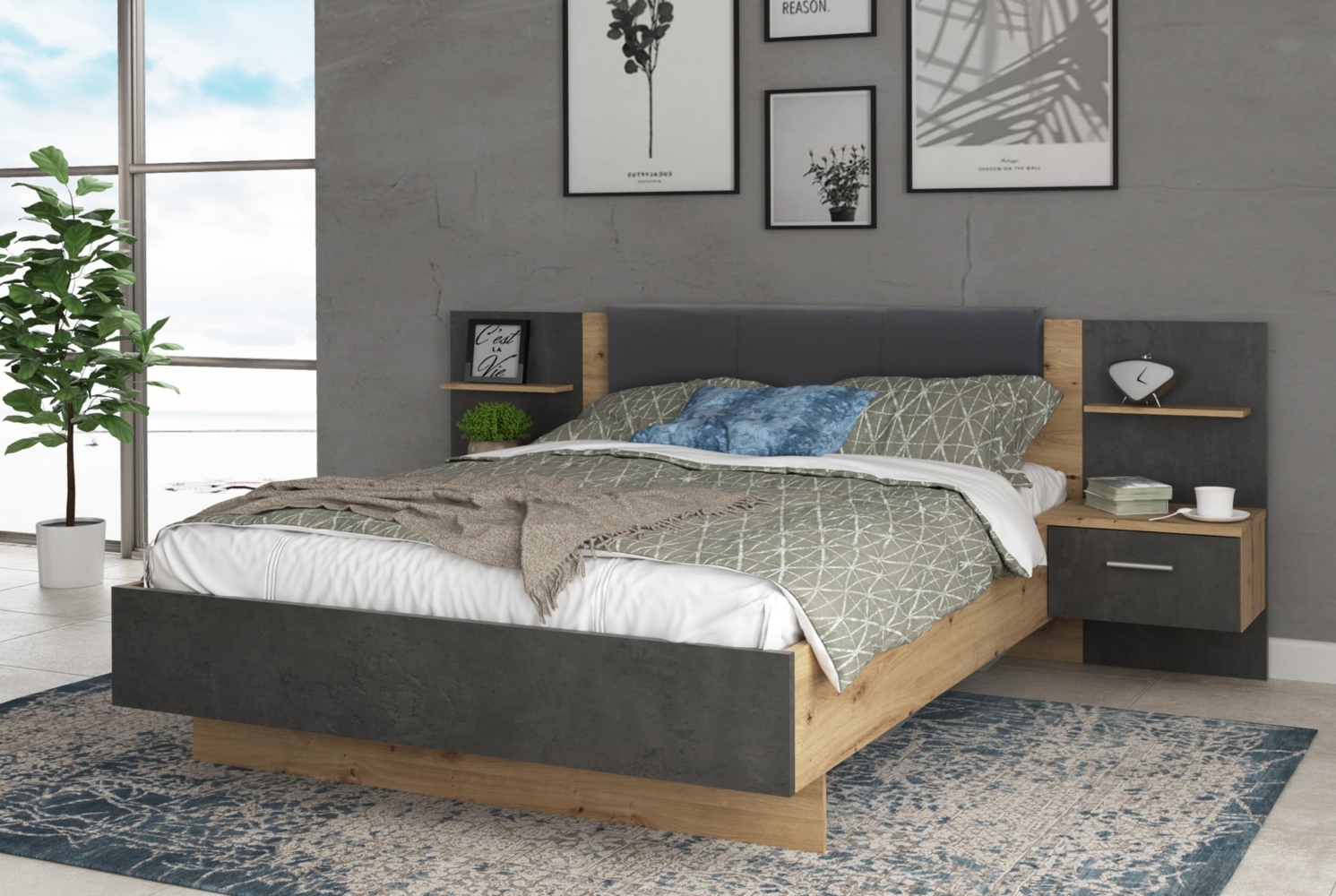 Forte Ginger Bett + 2 Nachtkommoden mit 2 Schubladen, Holzwerkstoff, Artisan Eiche/Betonoptik dunkelgrau, B x H x T: 235,5 x 93,5 x 195,7 cm Bild 1