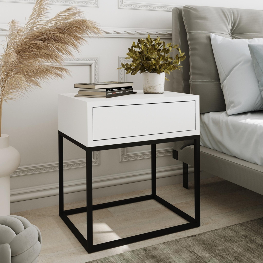 AX LIVING Nachttisch Kommode Aleio Weiß, Schwarzes Metallgestell 45cm Bild 1
