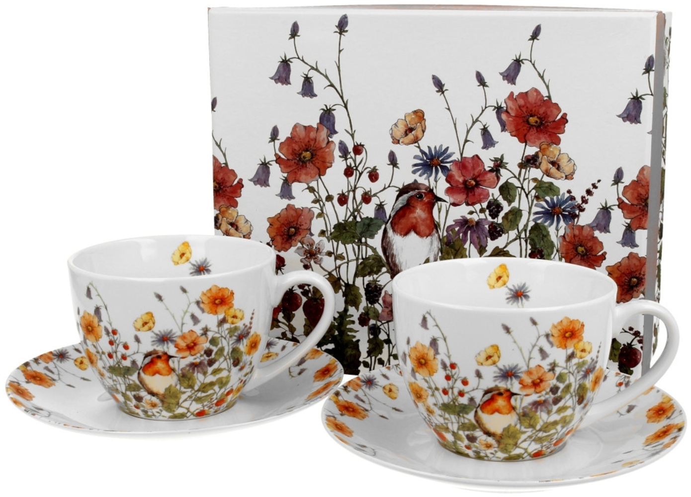 DUO FLORAL 2er-Set Tassen 280 ml WILD BIRD mit Untertassen, New Bone China Porzellan Bild 1