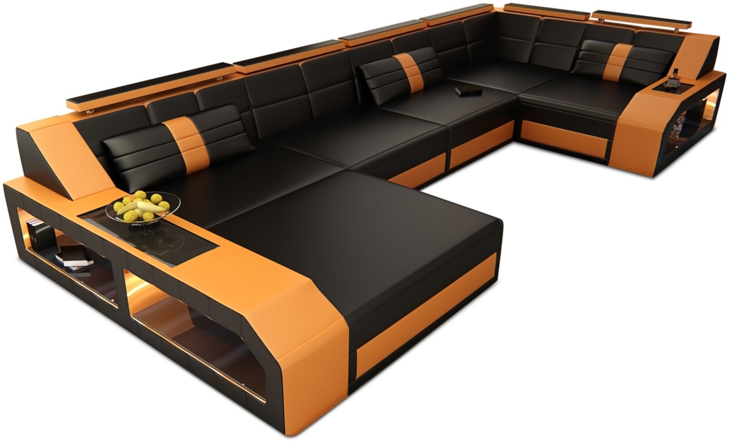 Sofa Dreams 'Arezzo U' Wohnlandschaft, 86 x 198 x 371 cm, Schwarz / Orange, Büffelleder, Links Bild 1