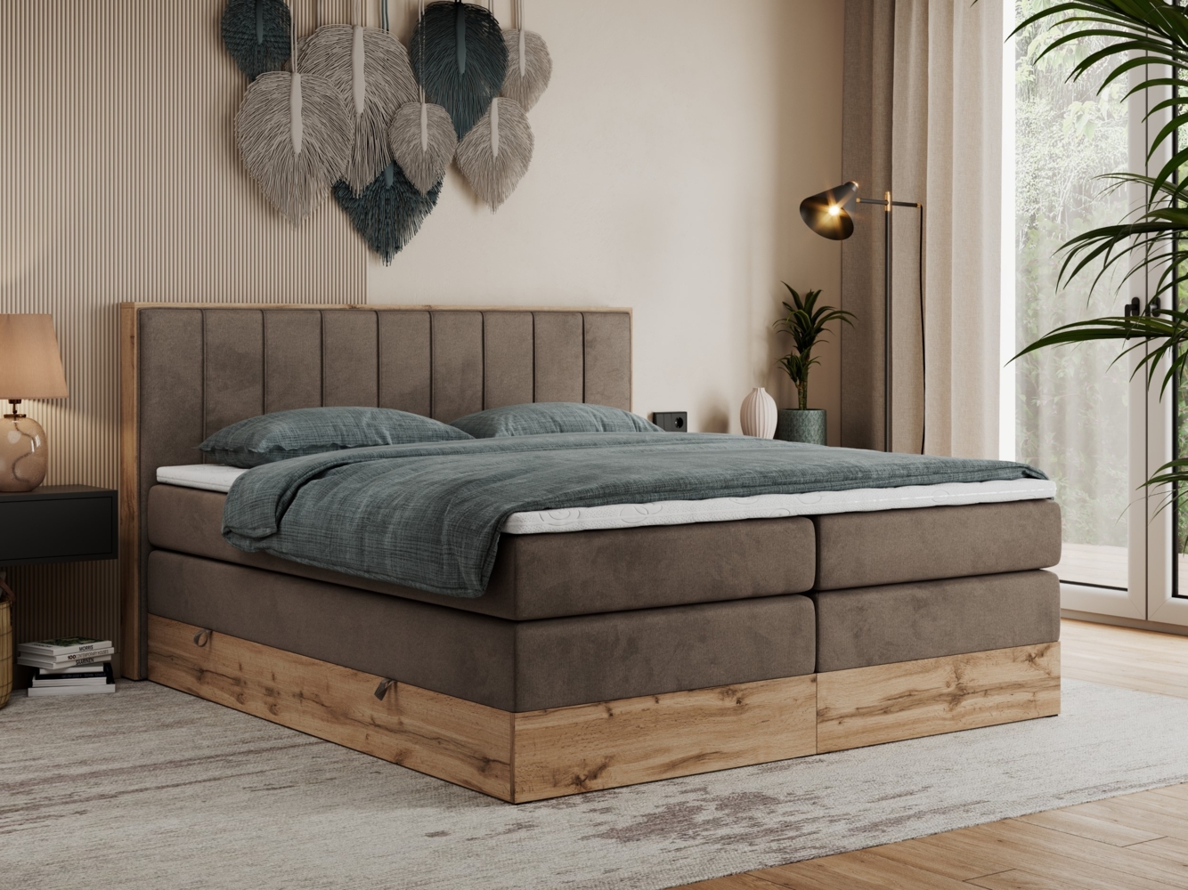 Boxspringbett BELLISSIMO KING, Doppelbett mit Multipocket-Matratze, Polsterbett mit Kopfstütze - 160x200 cm - Braun Velvet - H3 Bild 1