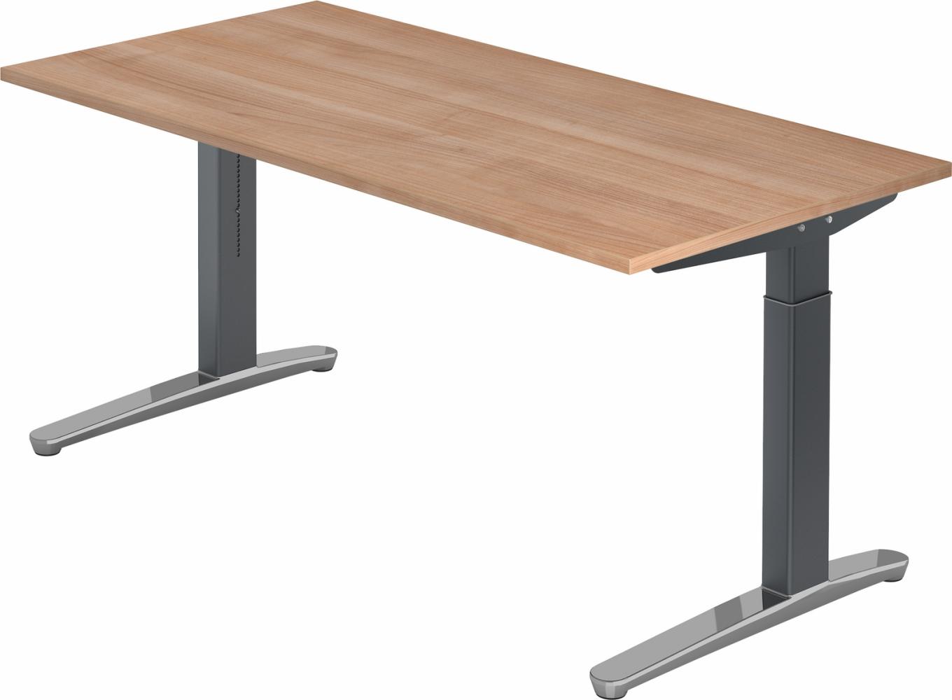 bümö manuell höhenverstellbarer Schreibtisch 160x80 in Nussbaum, Gestell in graphit/alu - PC Tisch höhenverstellbar & groß, höhenverstellbarer Tisch Büro, großer Computertisch verstellbar, X16-N-GC Bild 1