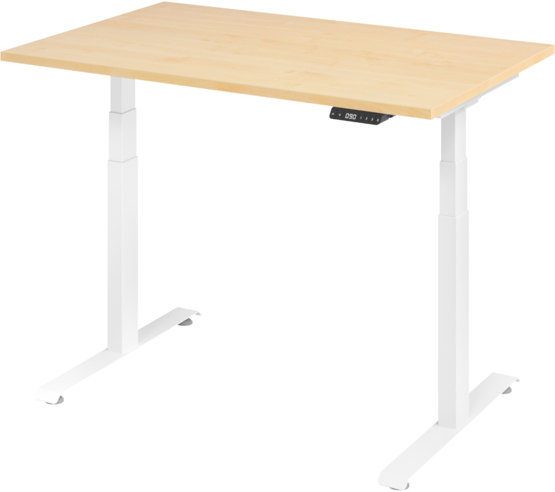 bümö höhenverstellbarer Schreibtisch 120x80 cm in Ahorn, Gestell weiß - Höhenverstellbar Elektrisch Stehpult mit 3-fach Speicher, Computertisch, Ergonomischer Steh-Sitz Tisch, Bürotisch, LXK65-12-3-W Bild 1