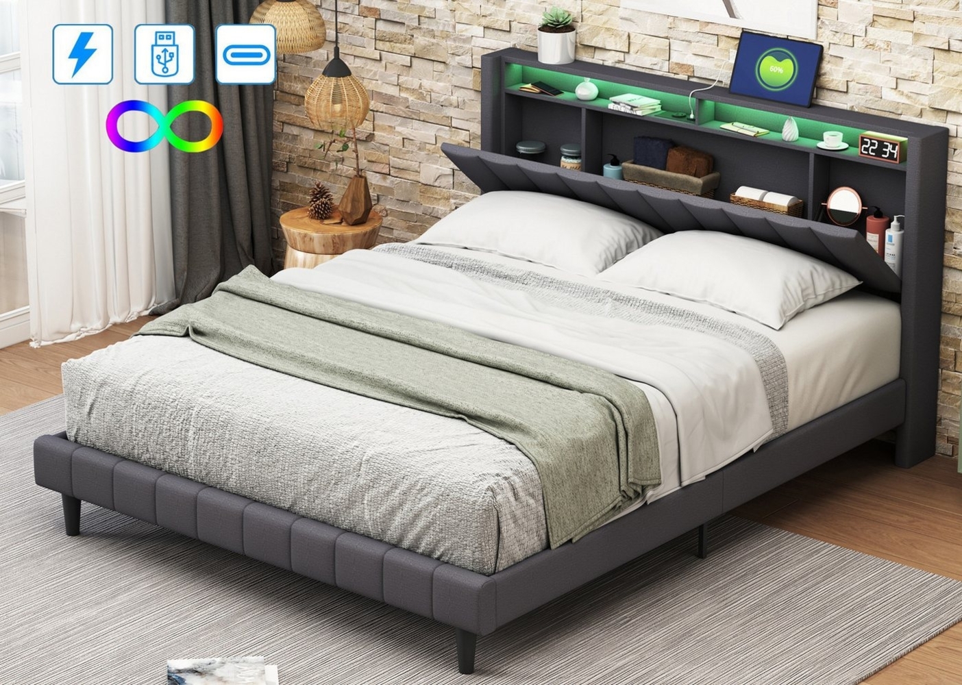 FUROKOY Polsterbett, 140x200 cm, mit LED-Beleuchtung, USB-Type C & Stauraum, Leinen grau Bild 1