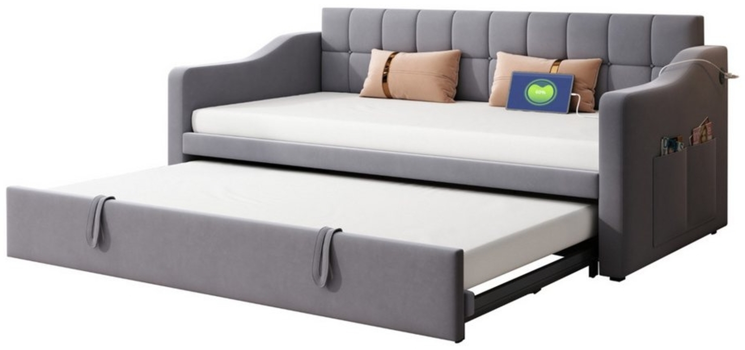 Odikalo Schlafsofa Polsterbett 2 in 1 Samtstoff Steckdose Aufbewahrungstasche Grau 90/180 Bild 1