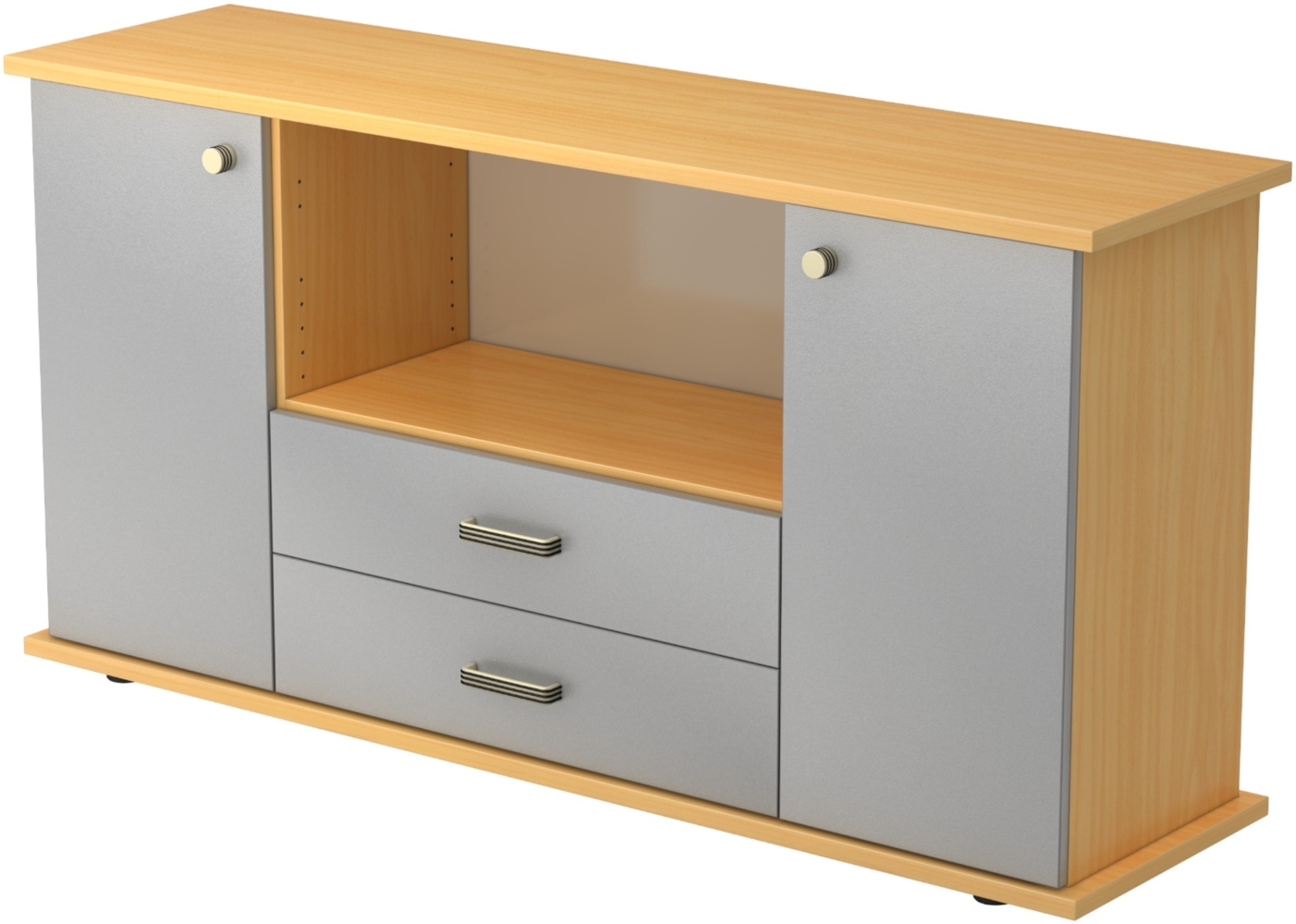 bümö Sideboard Buche/Silber mit Flügeltüren & Regal - Büromöbel Sideboard mit Schubladen Holz 166cm breit, 45cm schmal, Büro Schrank für Flur oder als Wohnzimmer-Kommode mit Streifengriff, SBTS-6-S-SG Bild 1